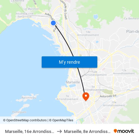 Marseille, 16e Arrondissement to Marseille, 8e Arrondissement map