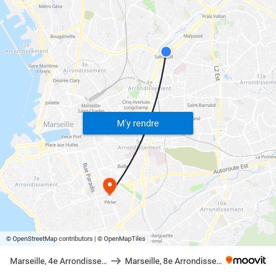 Marseille, 4e Arrondissement to Marseille, 8e Arrondissement map