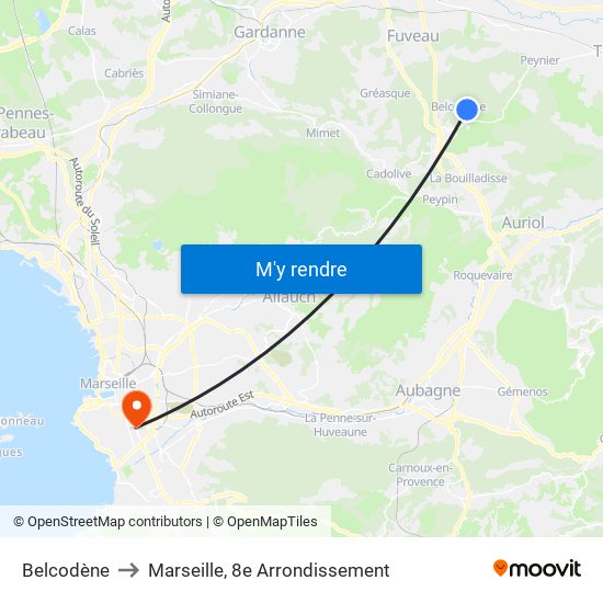 Belcodène to Marseille, 8e Arrondissement map