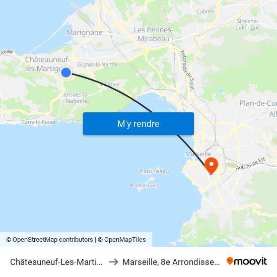 Châteauneuf-Les-Martigues to Marseille, 8e Arrondissement map