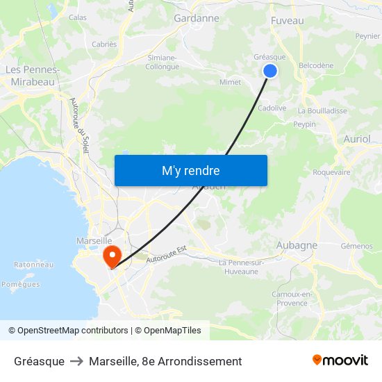 Gréasque to Marseille, 8e Arrondissement map