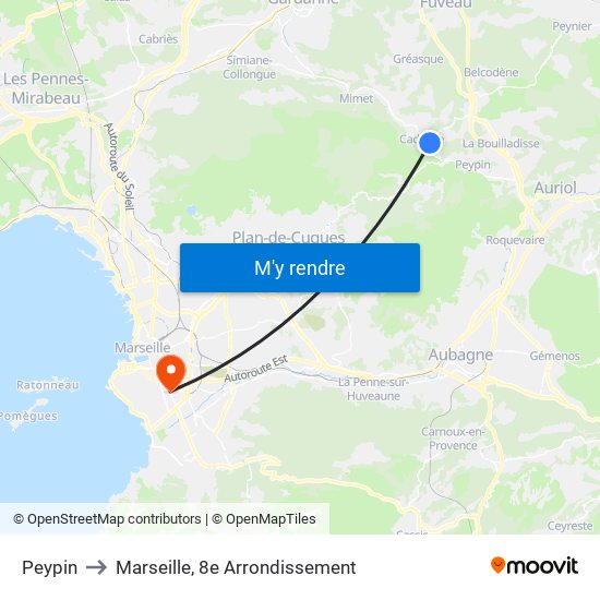 Peypin to Marseille, 8e Arrondissement map