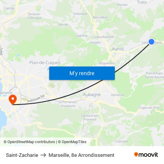 Saint-Zacharie to Marseille, 8e Arrondissement map