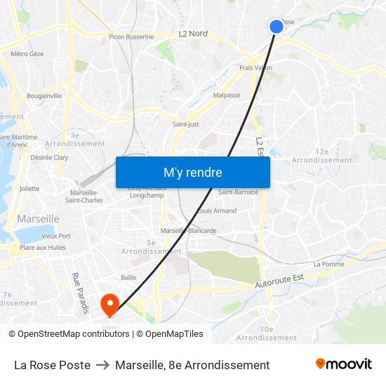 La Rose Poste to Marseille, 8e Arrondissement map