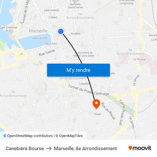 Canebière Bourse to Marseille, 8e Arrondissement map