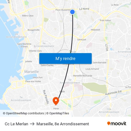 Cc Le Merlan to Marseille, 8e Arrondissement map