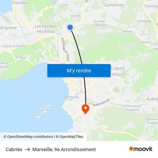 Cabriès to Marseille, 9e Arrondissement map