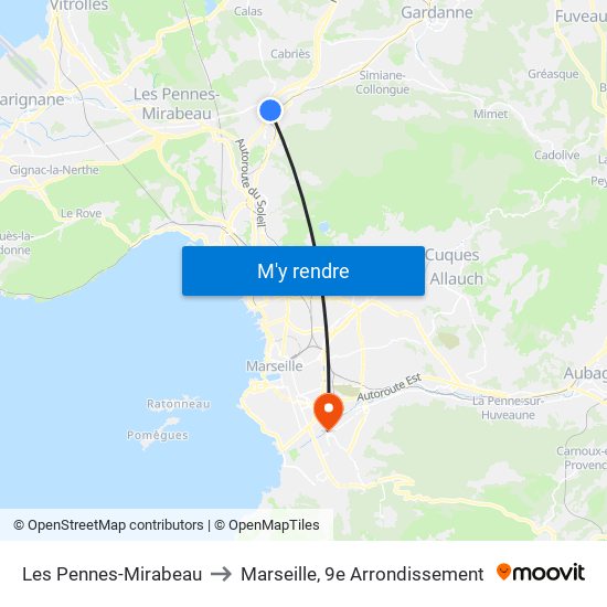 Les Pennes-Mirabeau to Marseille, 9e Arrondissement map