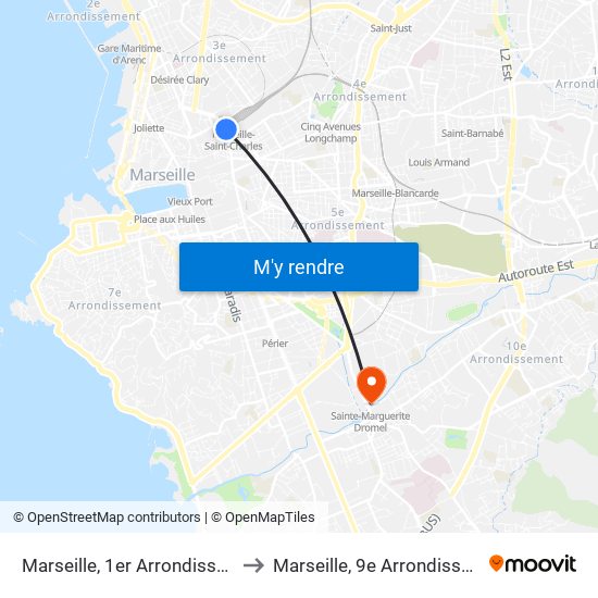 Marseille, 1er Arrondissement to Marseille, 9e Arrondissement map