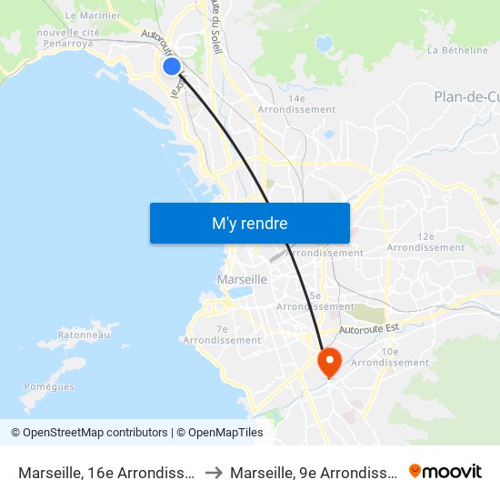 Marseille, 16e Arrondissement to Marseille, 9e Arrondissement map