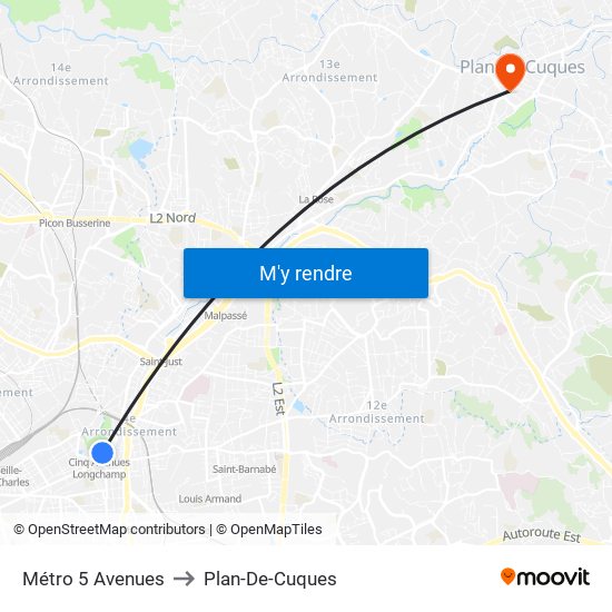 Métro 5 Avenues to Plan-De-Cuques map