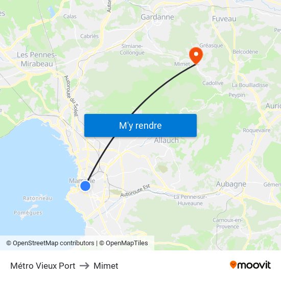 Métro Vieux Port to Mimet map