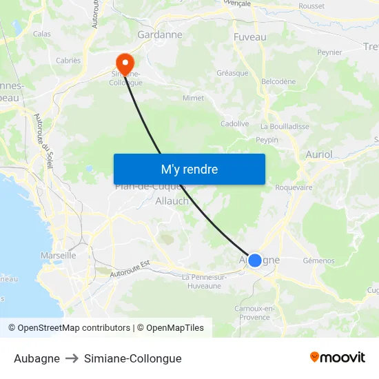 Aubagne to Simiane-Collongue map