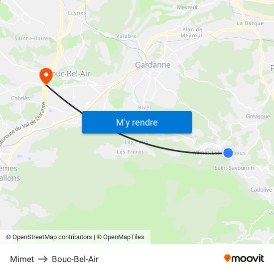 Mimet to Bouc-Bel-Air map
