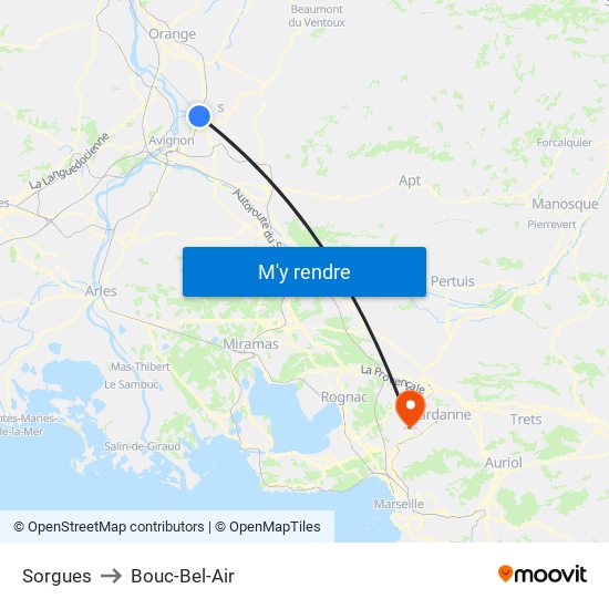 Sorgues to Bouc-Bel-Air map