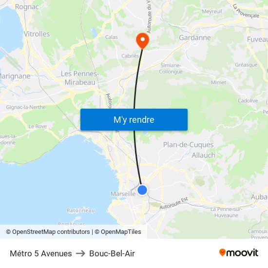 Métro 5 Avenues to Bouc-Bel-Air map
