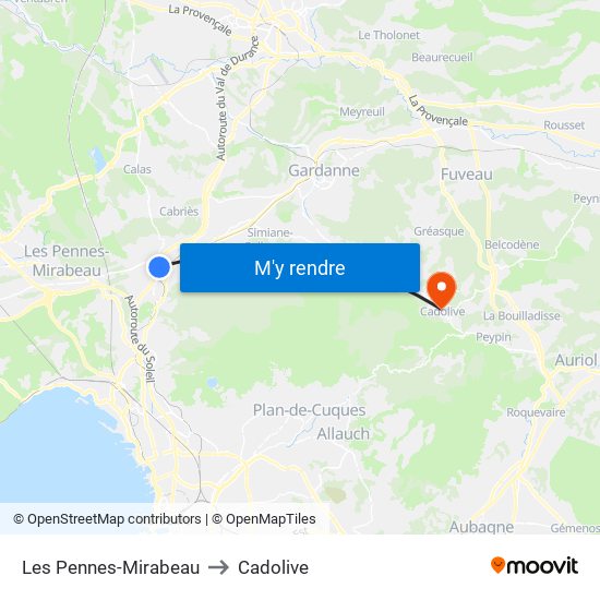 Les Pennes-Mirabeau to Cadolive map