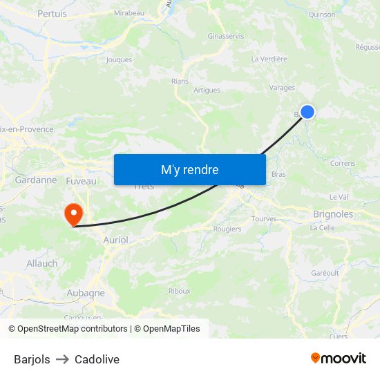 Barjols to Cadolive map