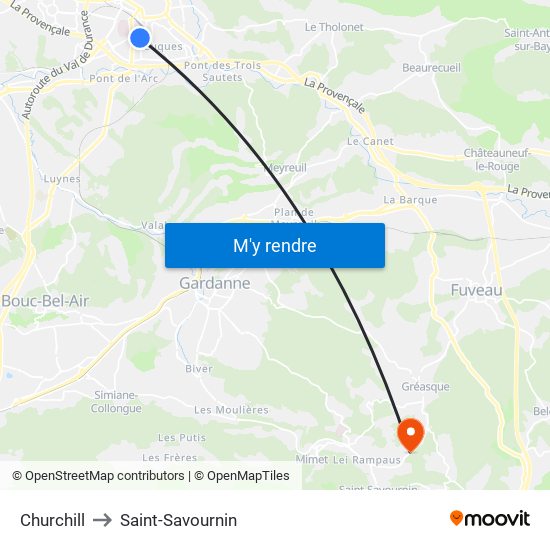 Churchill to Saint-Savournin map