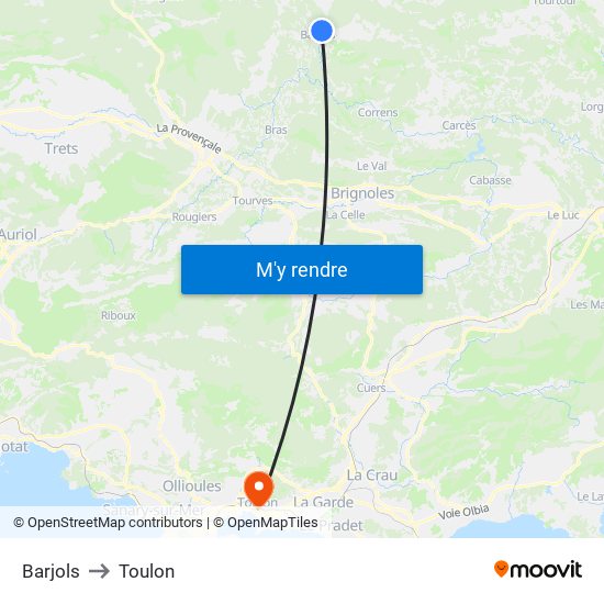Barjols to Toulon map