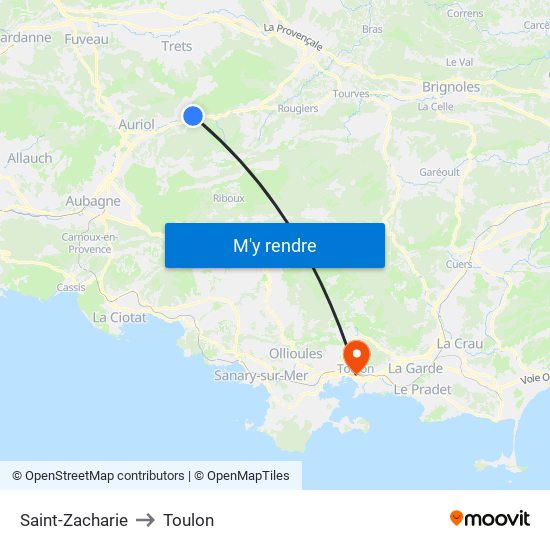 Saint-Zacharie to Toulon map