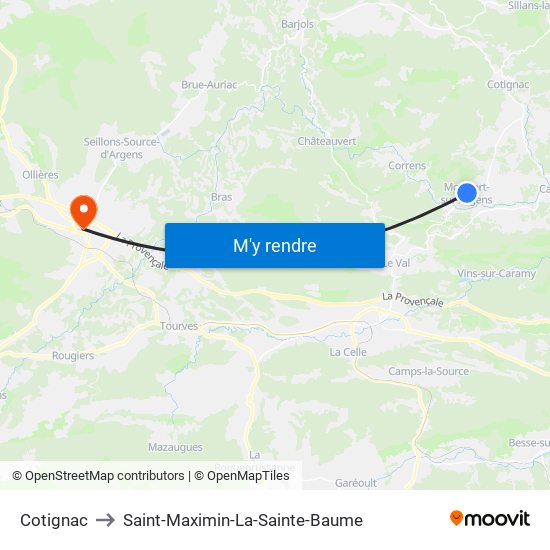 Cotignac to Saint-Maximin-La-Sainte-Baume map