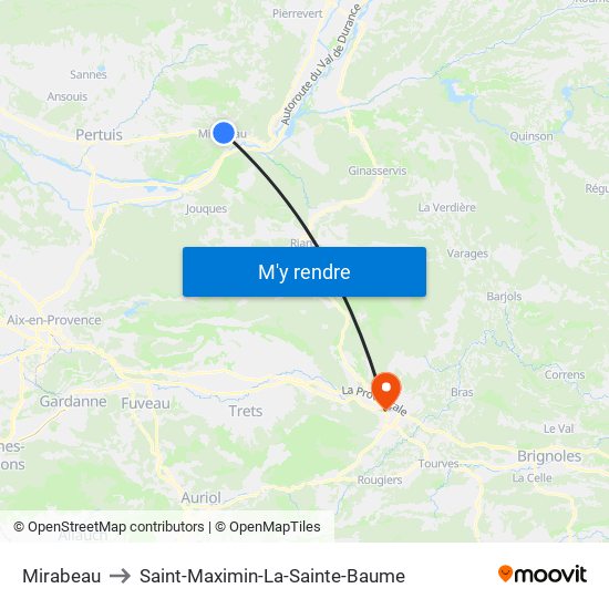 Mirabeau to Saint-Maximin-La-Sainte-Baume map