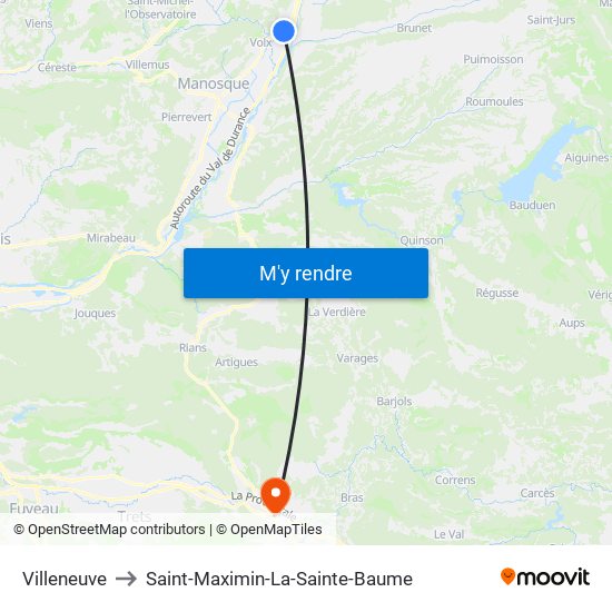 Villeneuve to Saint-Maximin-La-Sainte-Baume map