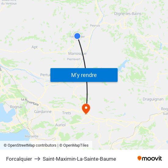 Forcalquier to Saint-Maximin-La-Sainte-Baume map