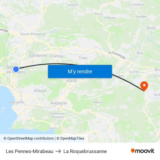 Les Pennes-Mirabeau to La Roquebrussanne map