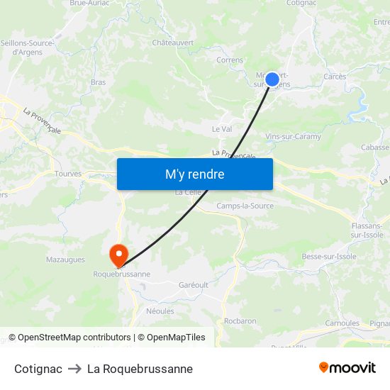 Cotignac to La Roquebrussanne map