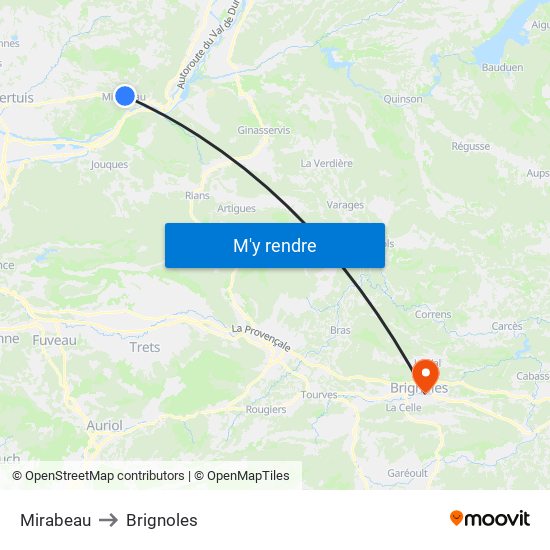 Mirabeau to Brignoles map