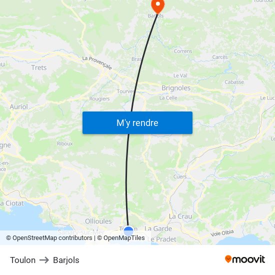 Toulon to Barjols map