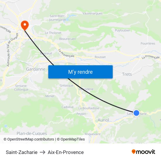 Saint-Zacharie to Aix-En-Provence map