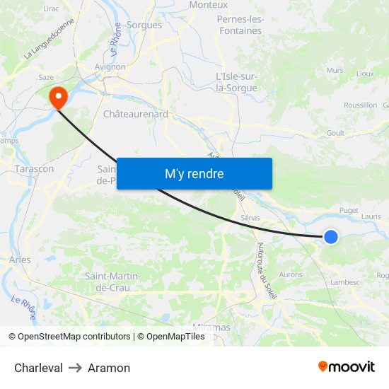 Charleval to Aramon map