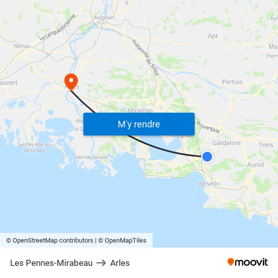 Les Pennes-Mirabeau to Arles map