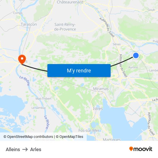 Alleins to Arles map