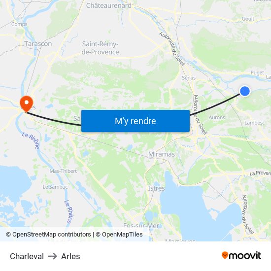 Charleval to Arles map
