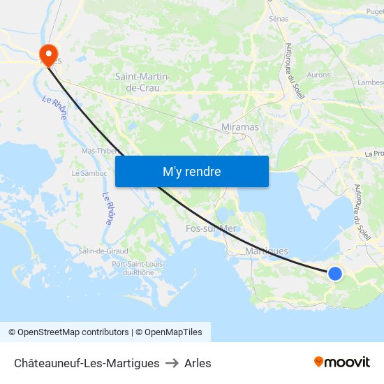Châteauneuf-Les-Martigues to Arles map