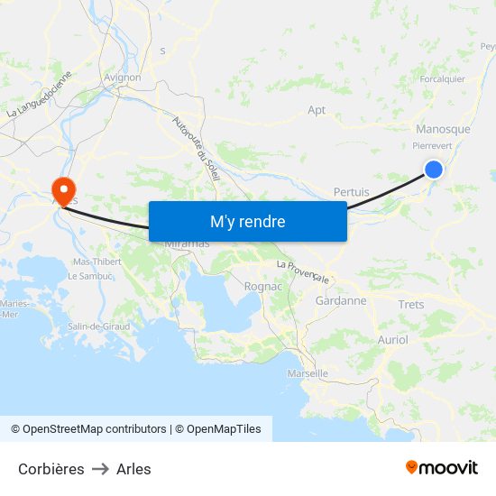 Corbières to Arles map