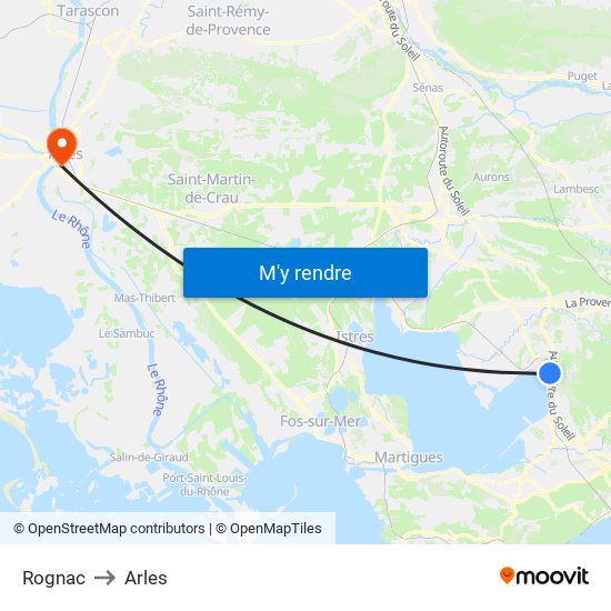 Rognac to Arles map