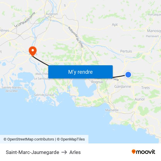 Saint-Marc-Jaumegarde to Arles map
