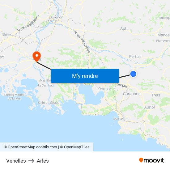 Venelles to Arles map