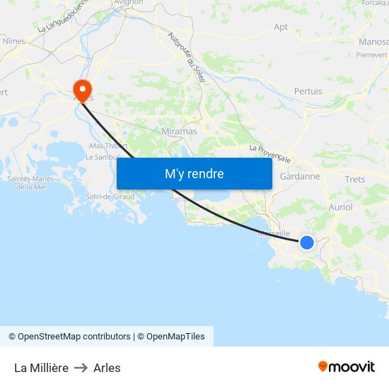 La Millière to Arles map
