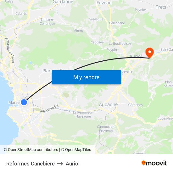 Réformés Canebière to Auriol map