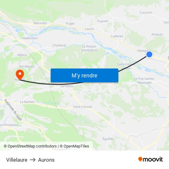 Villelaure to Aurons map