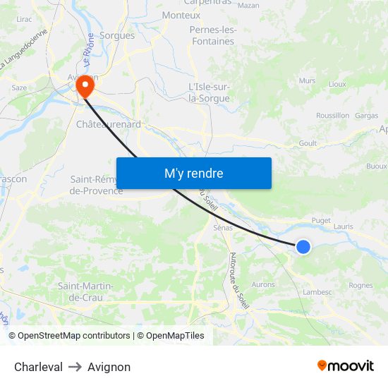 Charleval to Avignon map