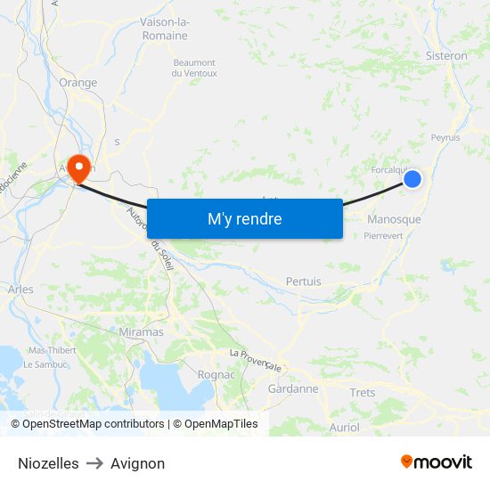 Niozelles to Avignon map
