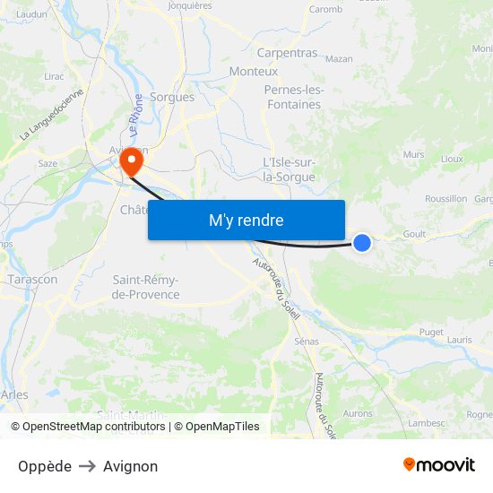 Oppède to Avignon map