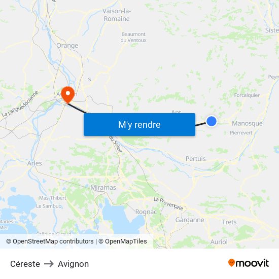 Céreste to Avignon map